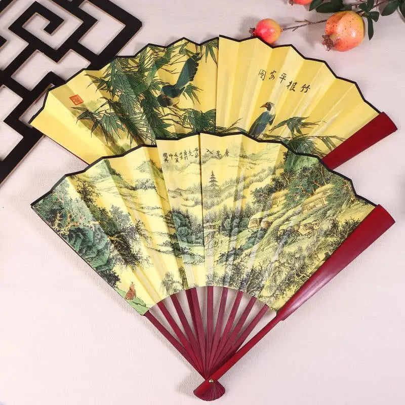 33cm Chinese Retro Silk Folding Fan | Bamboo Handle Dance Fan Folding Hand Fan Axl