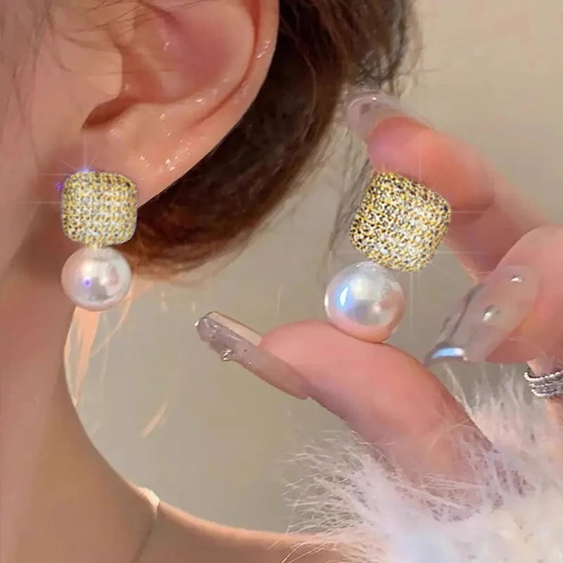 Huitan Square CZ & Simulated Pearl Drop Earrings for Women Drop Earrings Axl