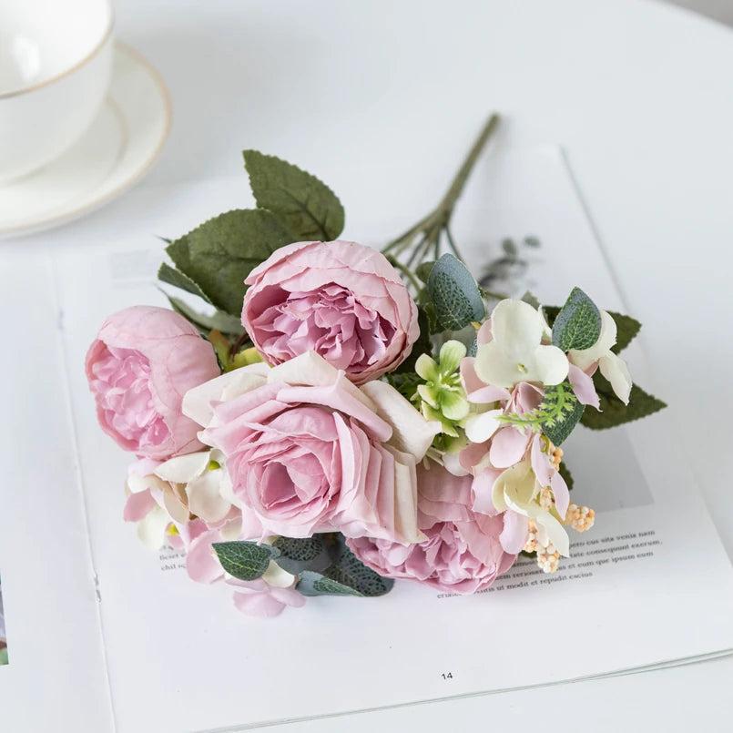 Silk Artificial Hydrangea & Rose Bouquet | Wedding & Home Decor Artificial Flower Bouquet Axl Deep Pink 1 pc