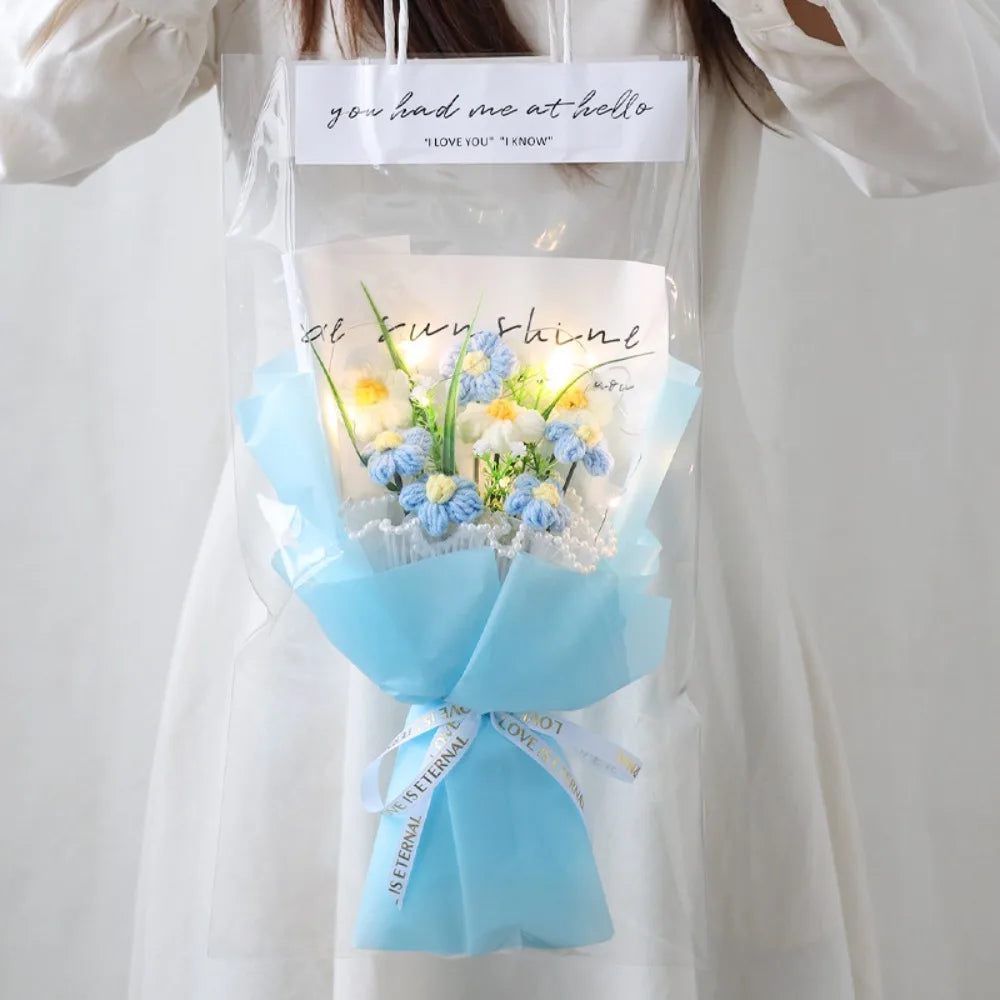Hand Knitted Crochet Flower Bouquet with LED Lights – Eternal Artificial Flower Bouquet Axl Blue