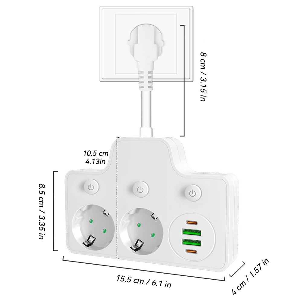 6-in-1 Wall Power Strip – 2 AC Outlets & 4 USB Ports, 2500W Wall Power Strip Axl