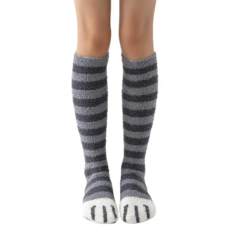 Cat Paw Plush Over-The-Knee Socks – Thick Warm Winter Stockings Plush Winter Socks Axl E One Size