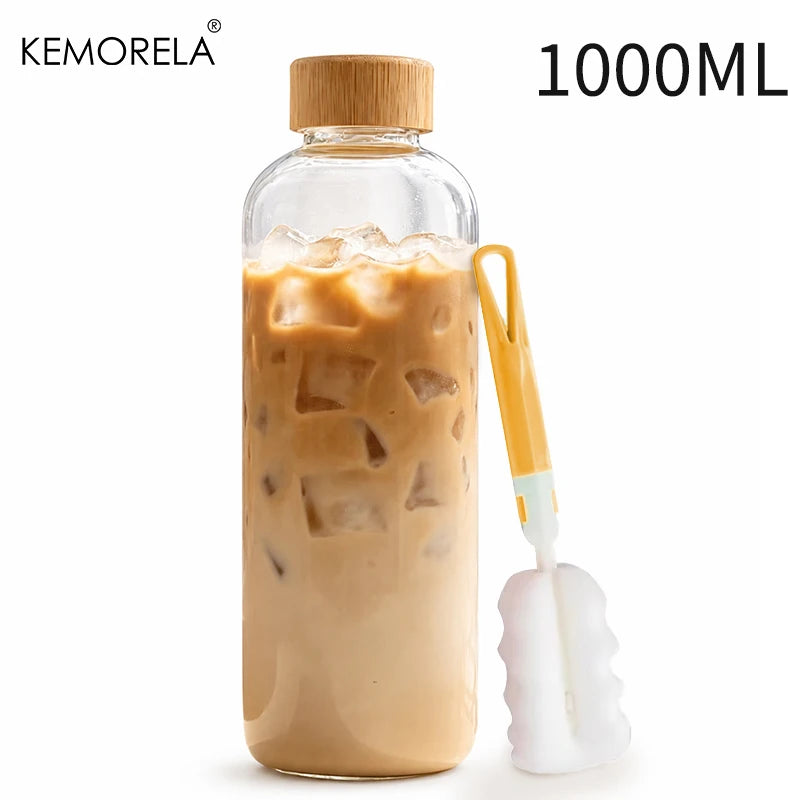 Glass Water Bottle Wooden Lid 500/750/1000ml + Cleaning Brush Glass Water Bottle Axl 1000ML 500-1000ML