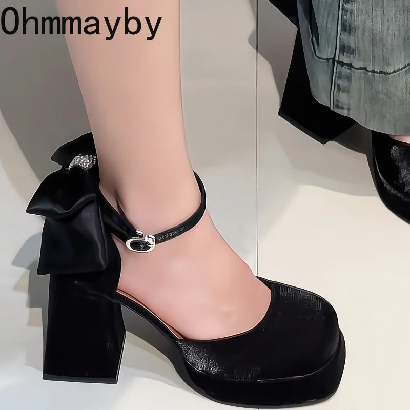 Women's Platform Mary Jane Pumps – Satin Bow & Rhinestone Platform Mary Jane Pumps Axl
