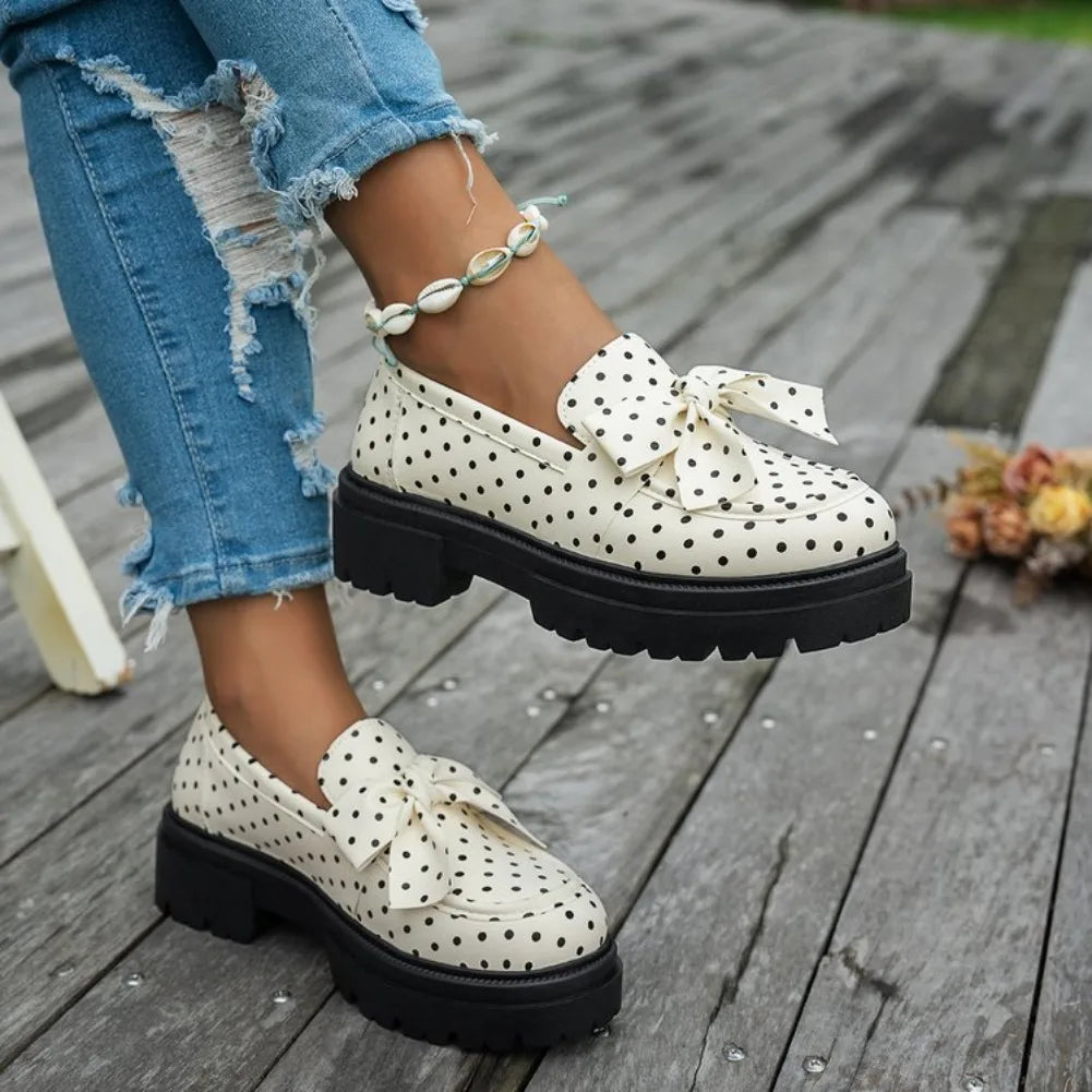 Women's Polka Dot Bow Knot Sneakers – Retro Slip-On Flats Slip-On Flat Sneakers Axl