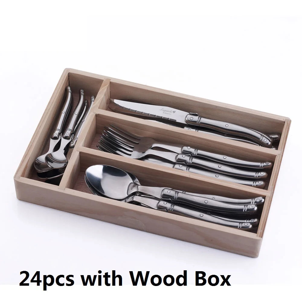 24-Piece Laguiole Stainless Steel Cutlery Set – Knife, Fork & Spoon Cutlery Set Axl 24pcs box