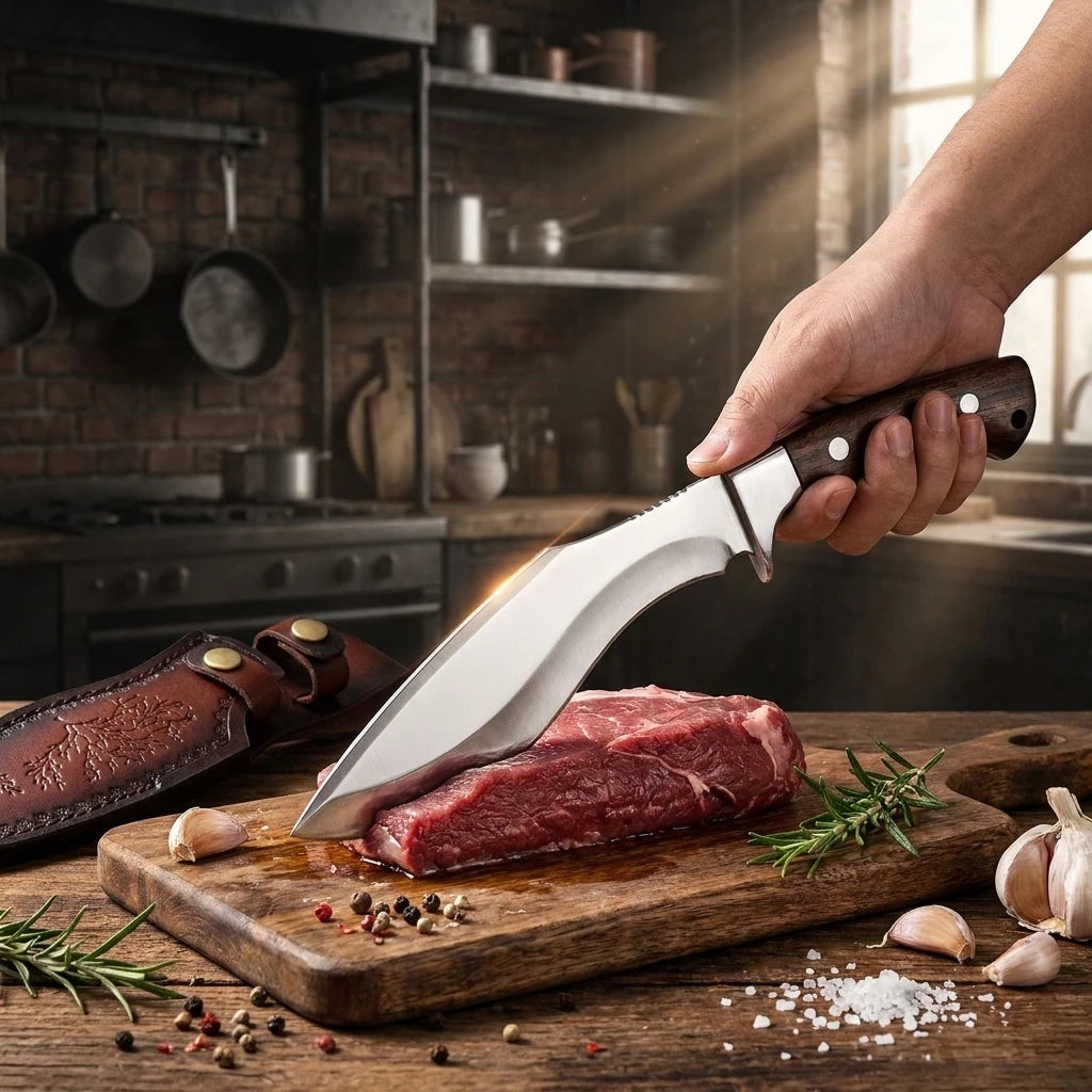 Fixed Blade Butcher Knife – Carbon Steel, Wood Handle & Sheath Fixed Blade Kitchen Knife Axl