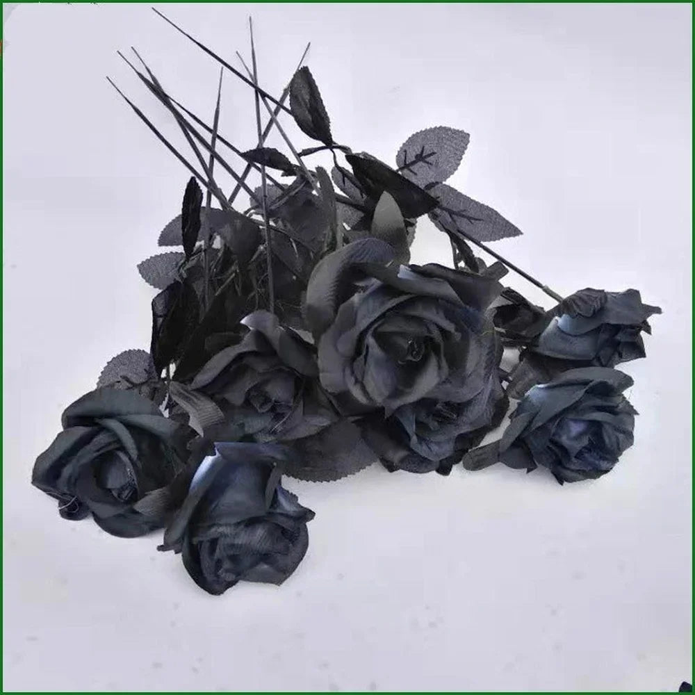 5-Pack Black Rose Artificial Flowers – Gothic Halloween Wedding Décor Artificial Flower Set Axl