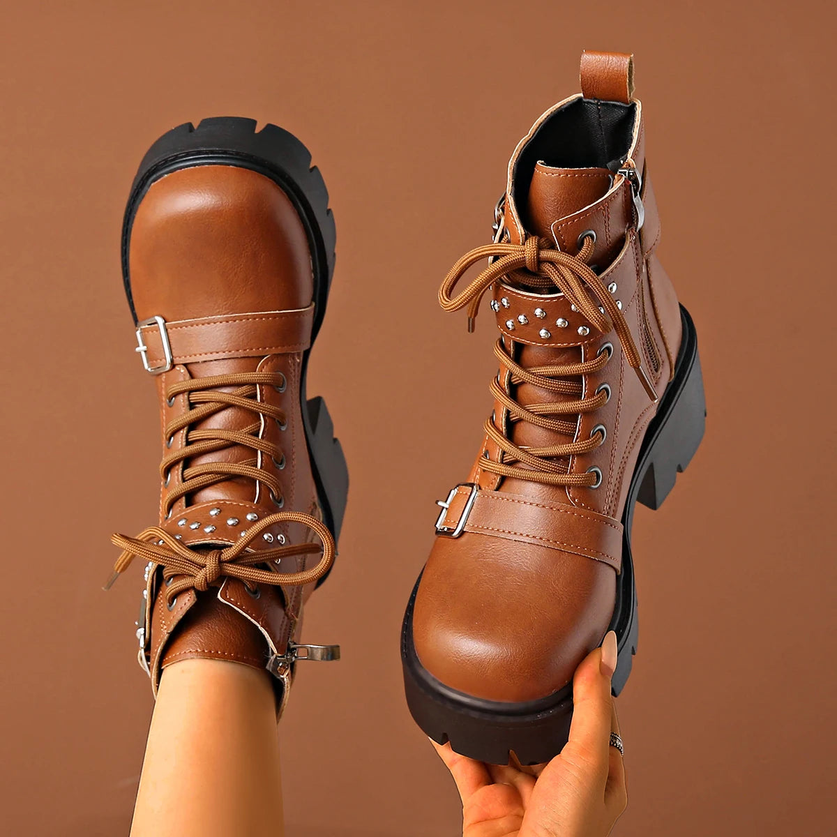 Women's Rivet Mid-Calf Boots – Buckle Strap & Chunky Heel Women's Mid-Calf Boots Axl brown 35