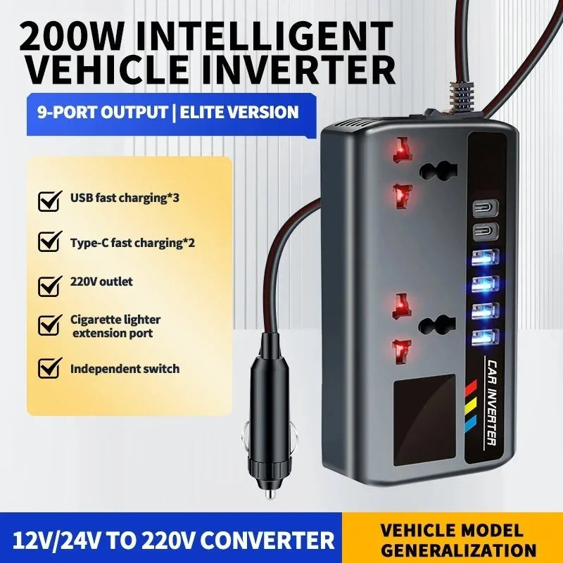 200W Car Power Inverter 9-in-1 | PD, QC3.0, USB-C & AC 220V Car Power Inverter Axl
