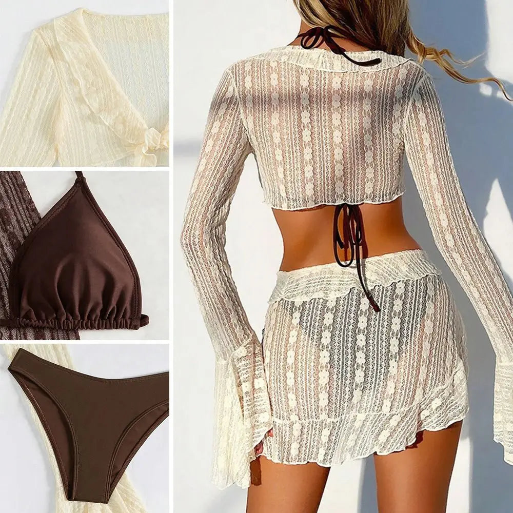 4-Piece Women's Brazilian Bikini Set with Long-Sleeve Cover-Up Women's Bikini Set Axl