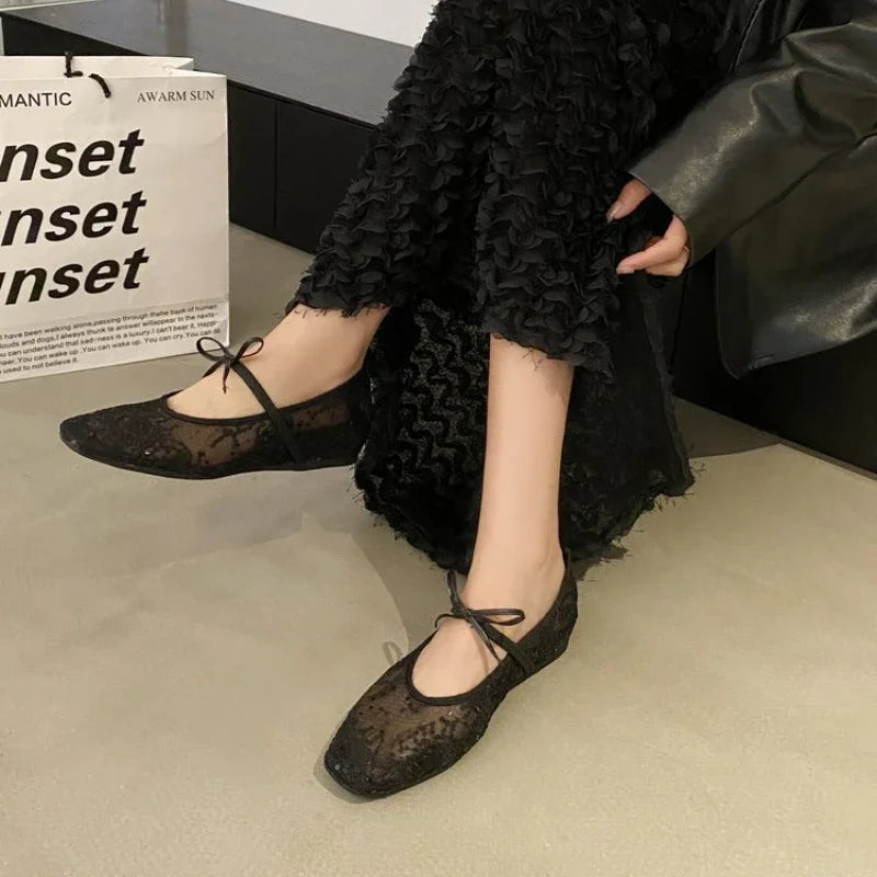 Women's Mesh Ballet Flats – Bow Embroidery Lightweight Shoes Women's Ballet Flats Axl
