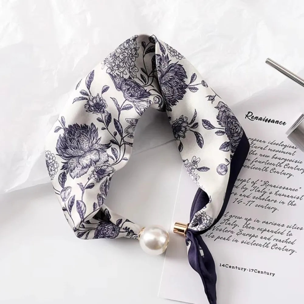 Women's Printed Polyester Scarf – Pearl & Magnetic Buckle Fashion Scarf Axl
