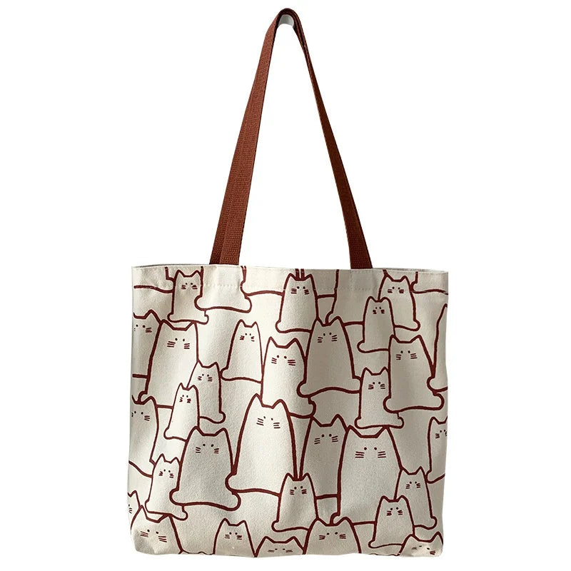 Cute Cat Canvas Tote Bag | Japanese Style Zip Shoulder Bag Canvas Tote Bag Axl