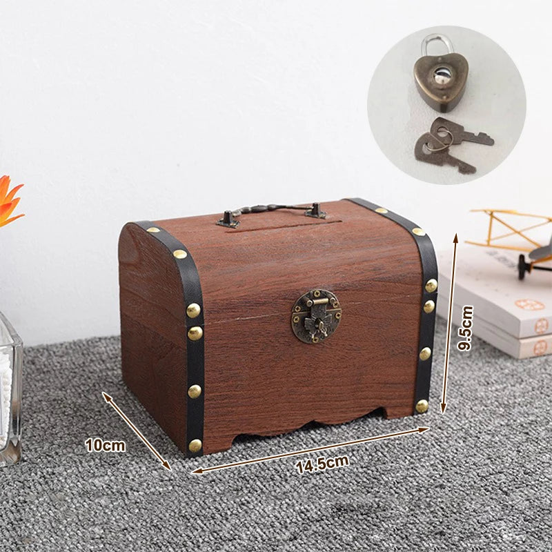 Vintage Wooden Treasure Chest with Lock | Piggy Bank & Decor Decorative Storage Box Axl A4