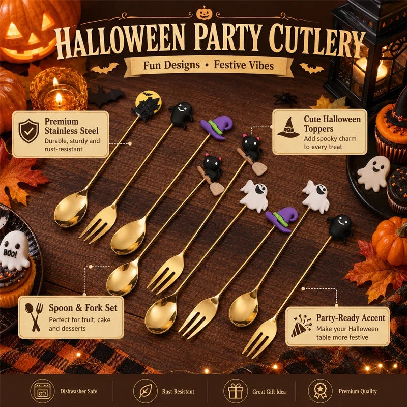 4-Piece Halloween Stainless Steel Spoon & Fork Set – Gift Box Flatware Gift Set Axl