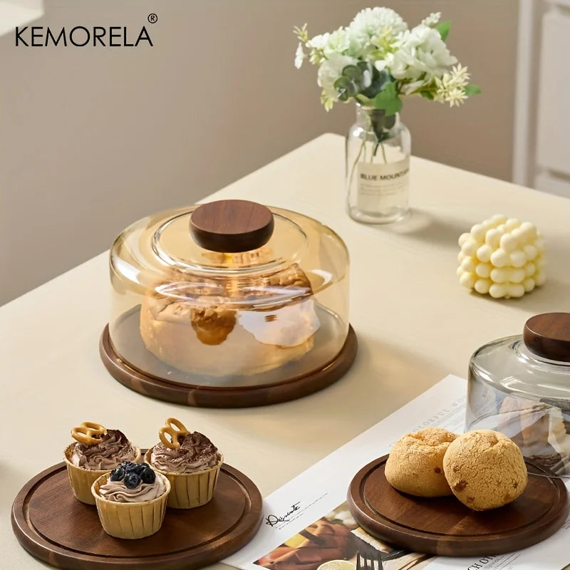 Round Wooden Cake Stand with Glass Dome Lid | KEMORELA Cake Stand Axl