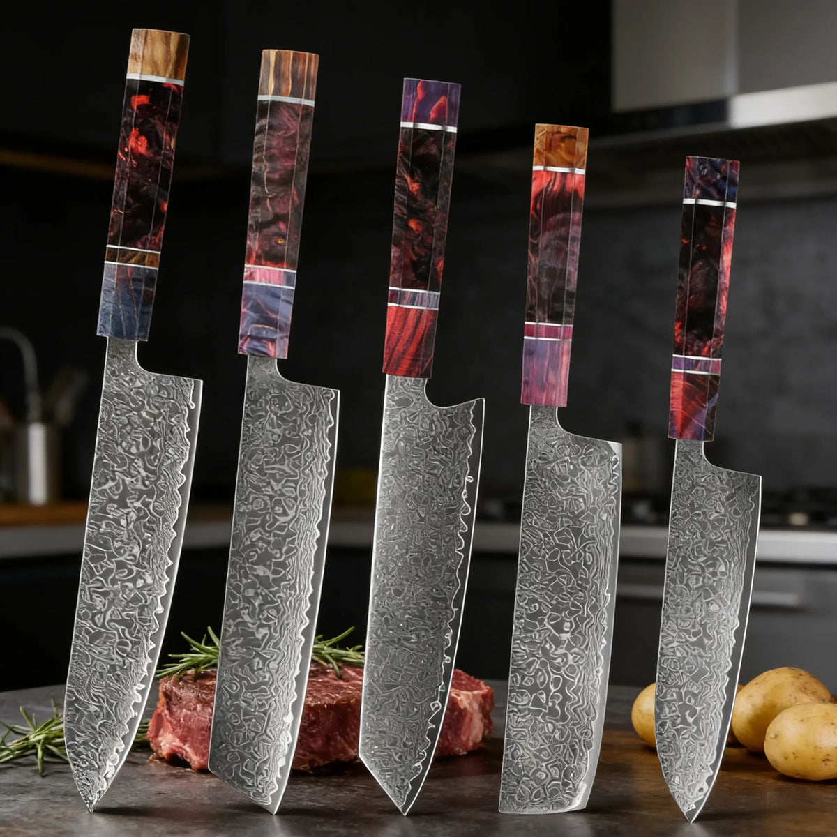 67-Layer Damascus Steel Santoku & Cleaver Knife Set Damascus Kitchen Knife Axl