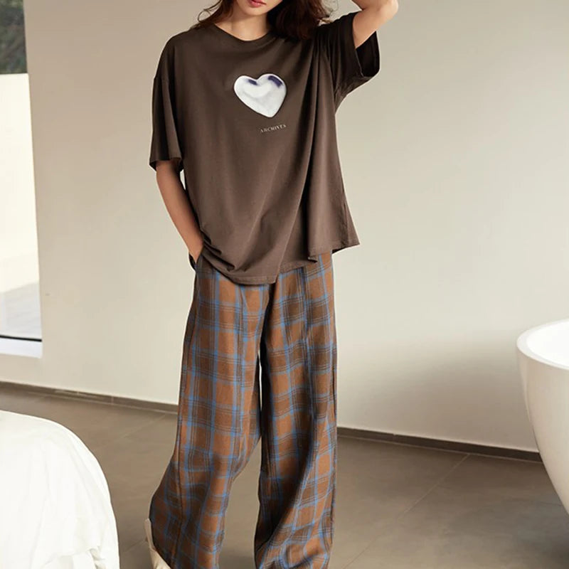 Women's 2-Piece Cotton Pajama Set – Short Sleeve & Plaid Pants Women's Pajama Set Axl Brown XXL (70-80kg)
