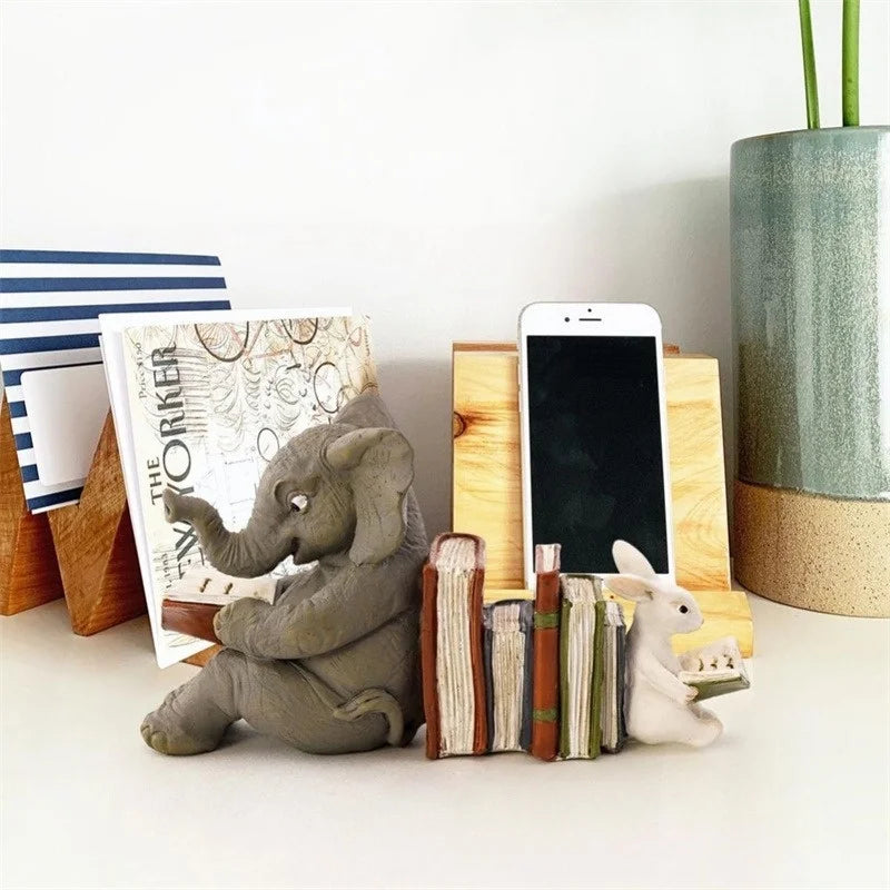 Elephant & Rabbit Reading Bookend – Resin Animal Statue Decor Decorative Bookend Axl