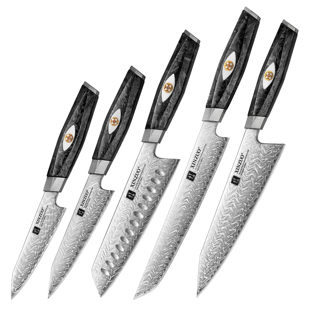 XINZUO Damascus Knife Set 2–7 PC | 145-Layer M390 Steel & Carbon Fiber Damascus Knife Set Axl 5PCS Knife Set