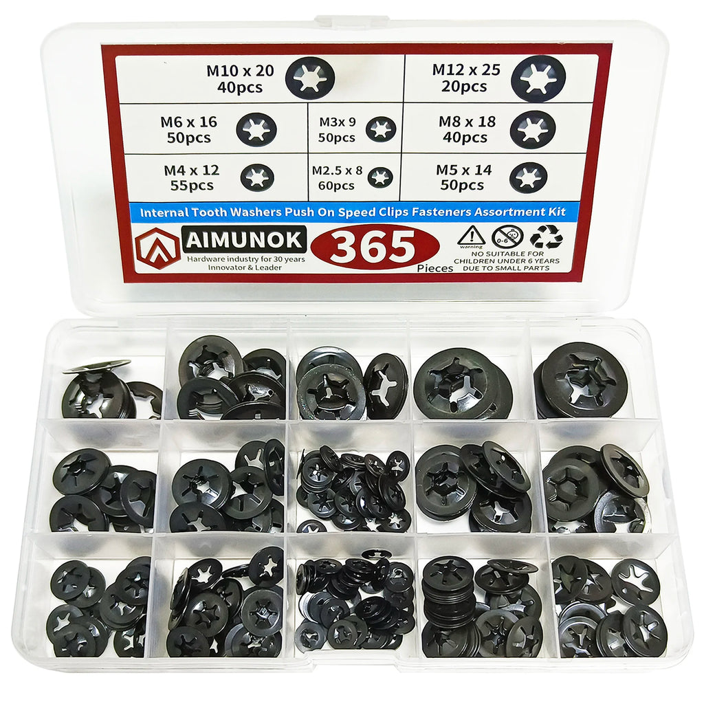 Black Star Lock Washer Kit – Internal Tooth Push-In Fasteners Lock Washer Kit Axl black 365PCS