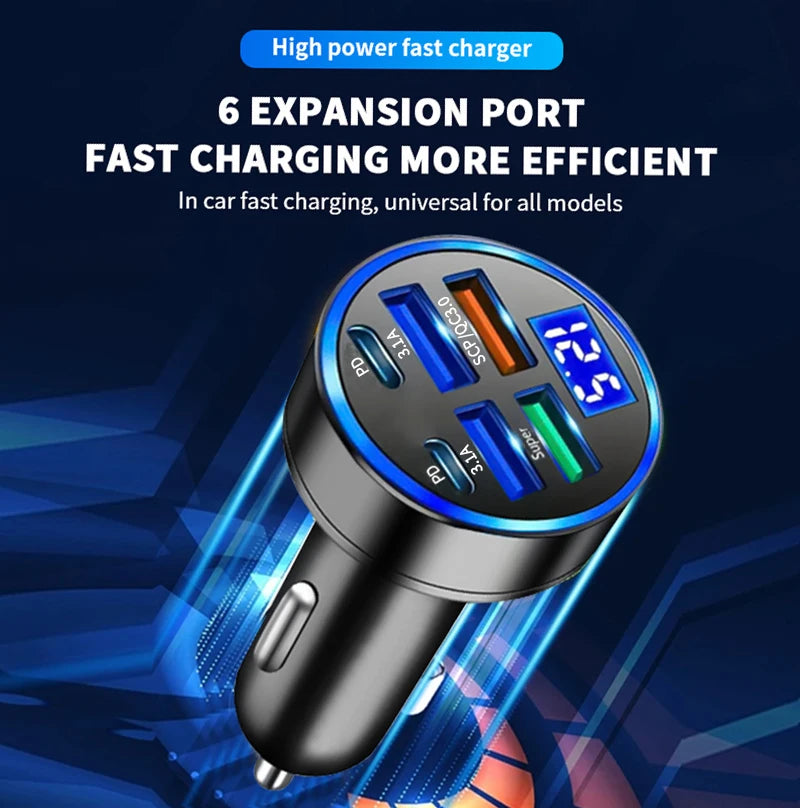 100W 6-Port USB-C Car Charger | PD & QC 3.0 Fast Charging Car Charger Axl