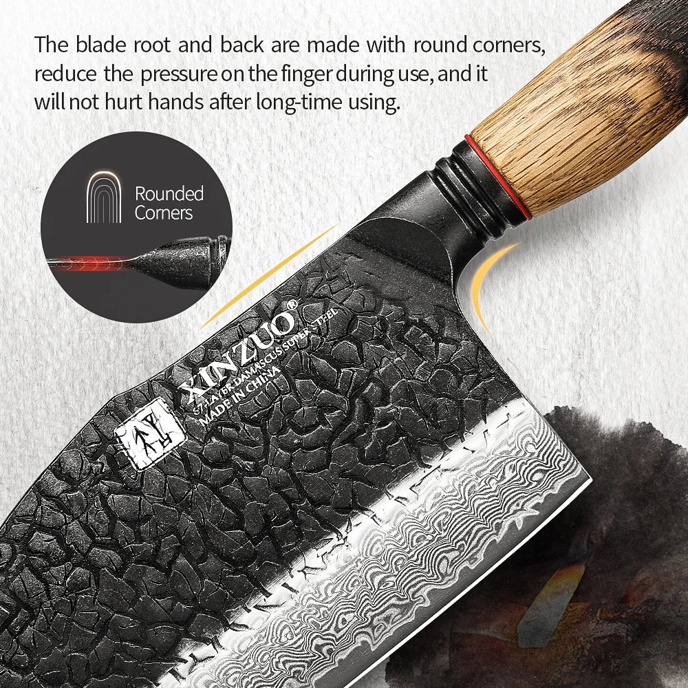 XINZUO 7.28" 67-Layer Damascus Bone Chopper – Oak & G10 Handle Damascus Bone Chopper Axl