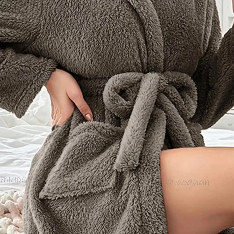 Women's Plush Hooded Fleece Bathrobe with Belt & Pockets Plush Hooded Robe Axl