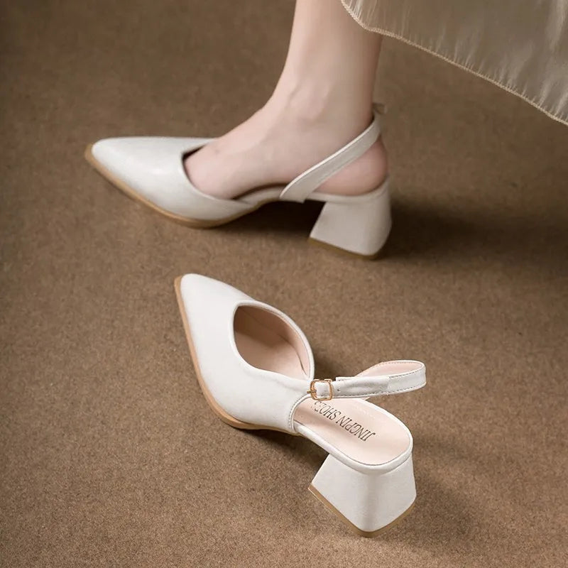 Women's Pointed Toe Mid Heel Pumps – Ankle Buckle Strap Women's Heeled Pumps Axl beige 02 37