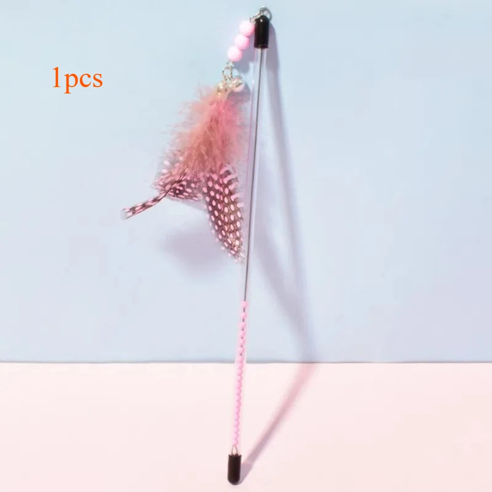 Retractable Feather Wand Cat Toy – Interactive Kitten Teaser Feather Cat Wand Axl Pink