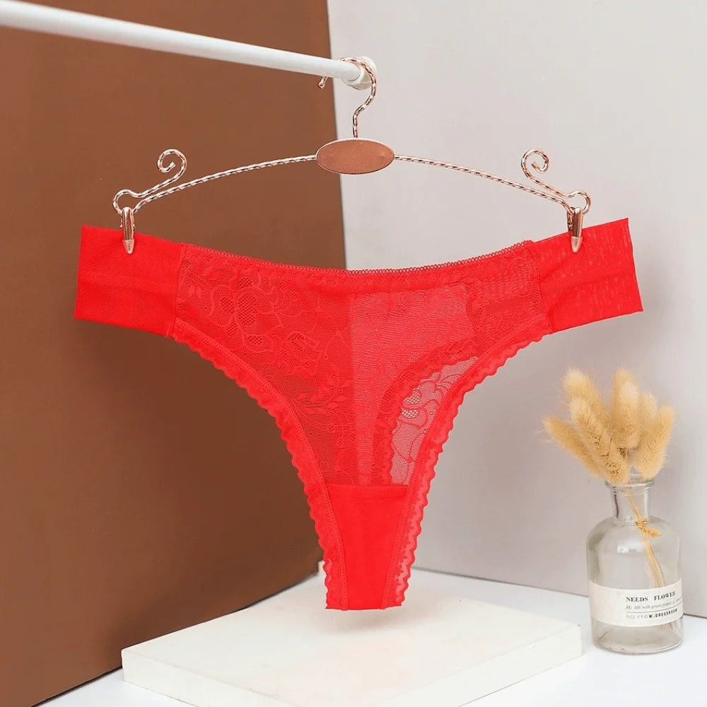 Women's Low Rise Lace Mesh Thong G-String Panties | S-L Lace Thong Panties Axl Red S 1pc