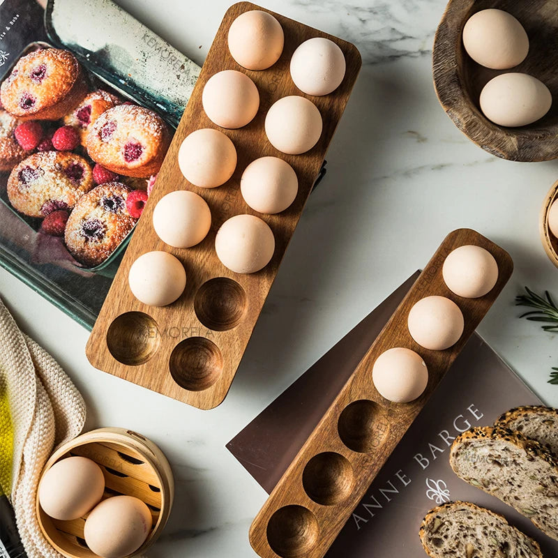 KEMORELA Wooden Double Row Egg Holder | Kitchen Organizer Egg Storage Rack Axl