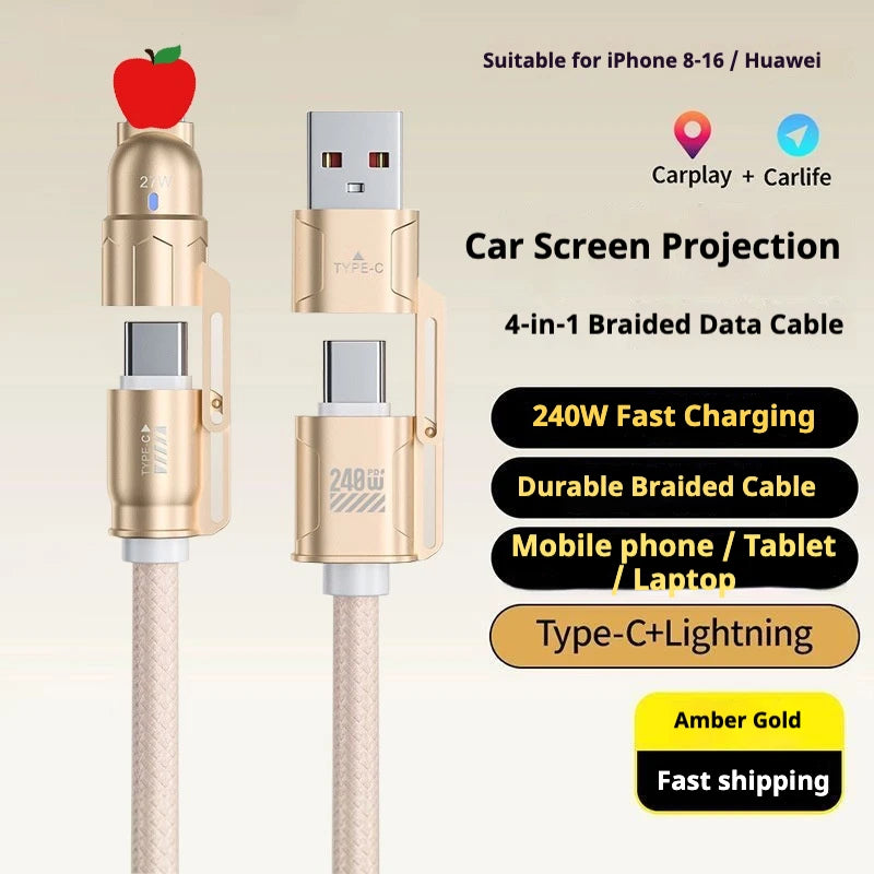HKNA 240W 4-in-1 Braided USB-C Fast Charge Cable | Zinc Alloy USB-C Charging Cable Axl