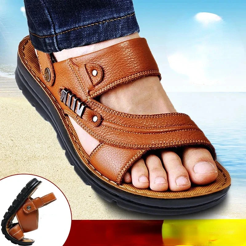 Men's Genuine Cow Leather Sandals – Non-Slip Beach Shoes Men's Leather Sandals Axl