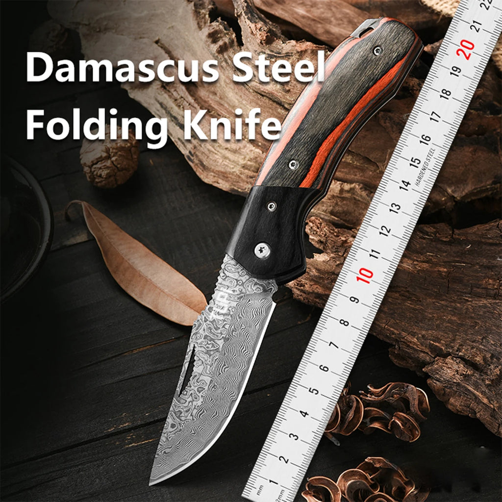 Damascus Steel Folding Pocket Knife | Wave Grain Wood Handle EDC Folding Pocket Knife Axl