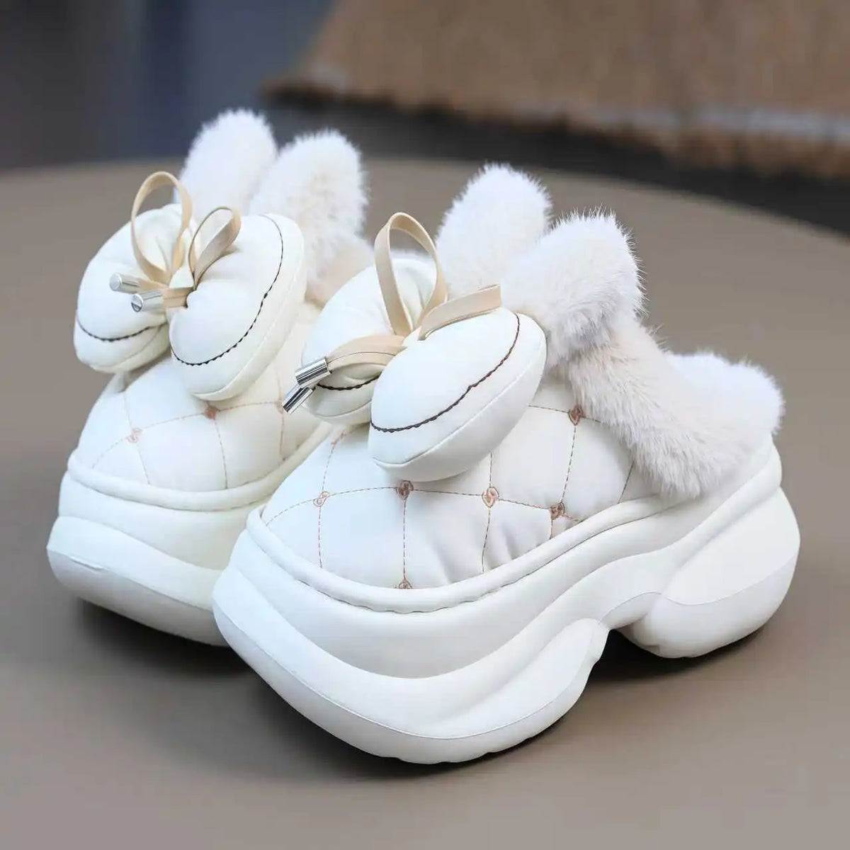 Lorilury Women's Fluffy High Heel Slippers – Bow-Tie Plush Indoor Plush Indoor Slippers Axl Beige slipper 36-37