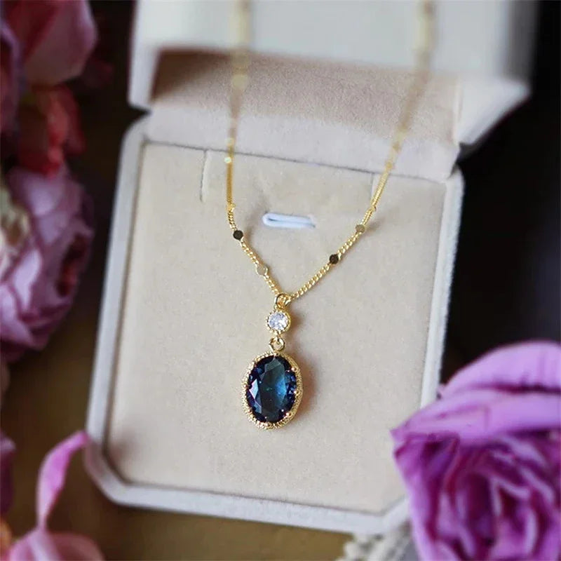 Huitan Oval Blue Stone Pendant Necklace – Bridal Jewelry Gift Pendant Necklace Axl