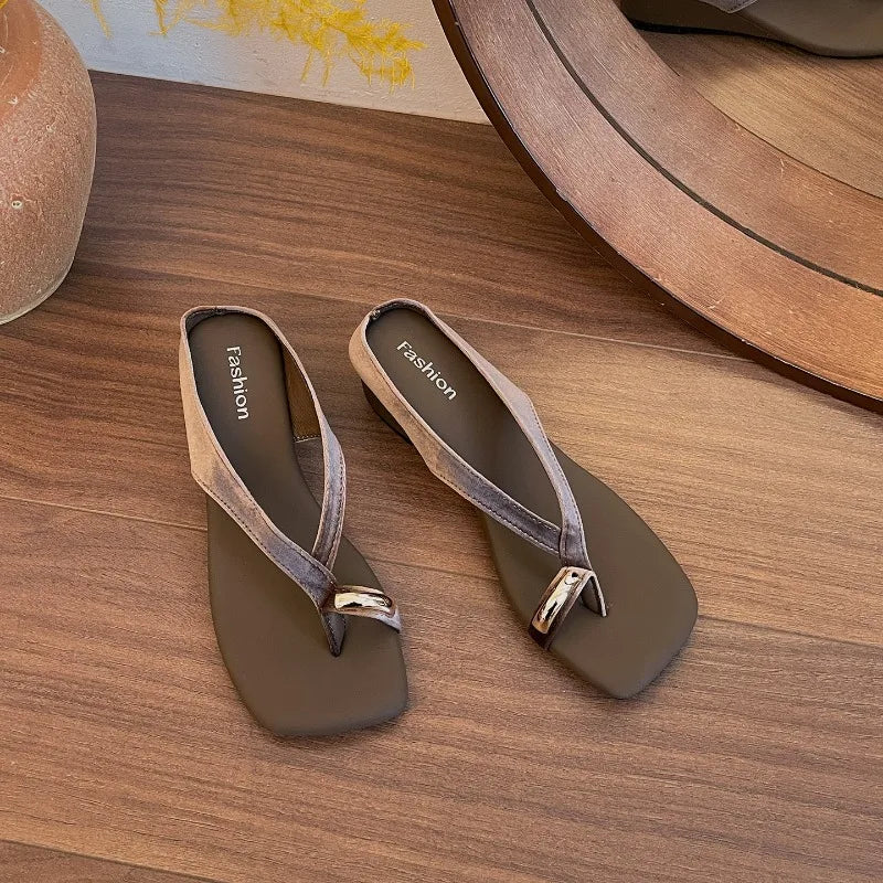 Women's Square Toe Wedge Slide Slippers | Elegant Summer Heels Wedge Slide Slippers Axl Khaki 35