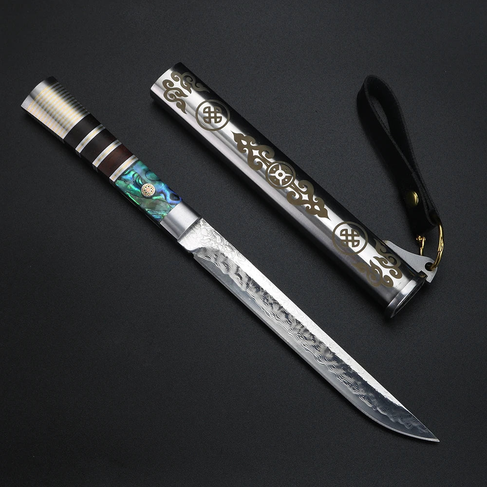 XUAN FENG Damascus Steel Fruit Knife with Wood Handle & Sheath Damascus Kitchen Knife Axl