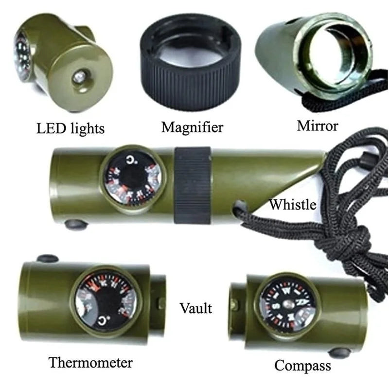 7-in-1 Survival Whistle Compass Thermometer LED – Camping Tool Survival Multi-Tool Axl