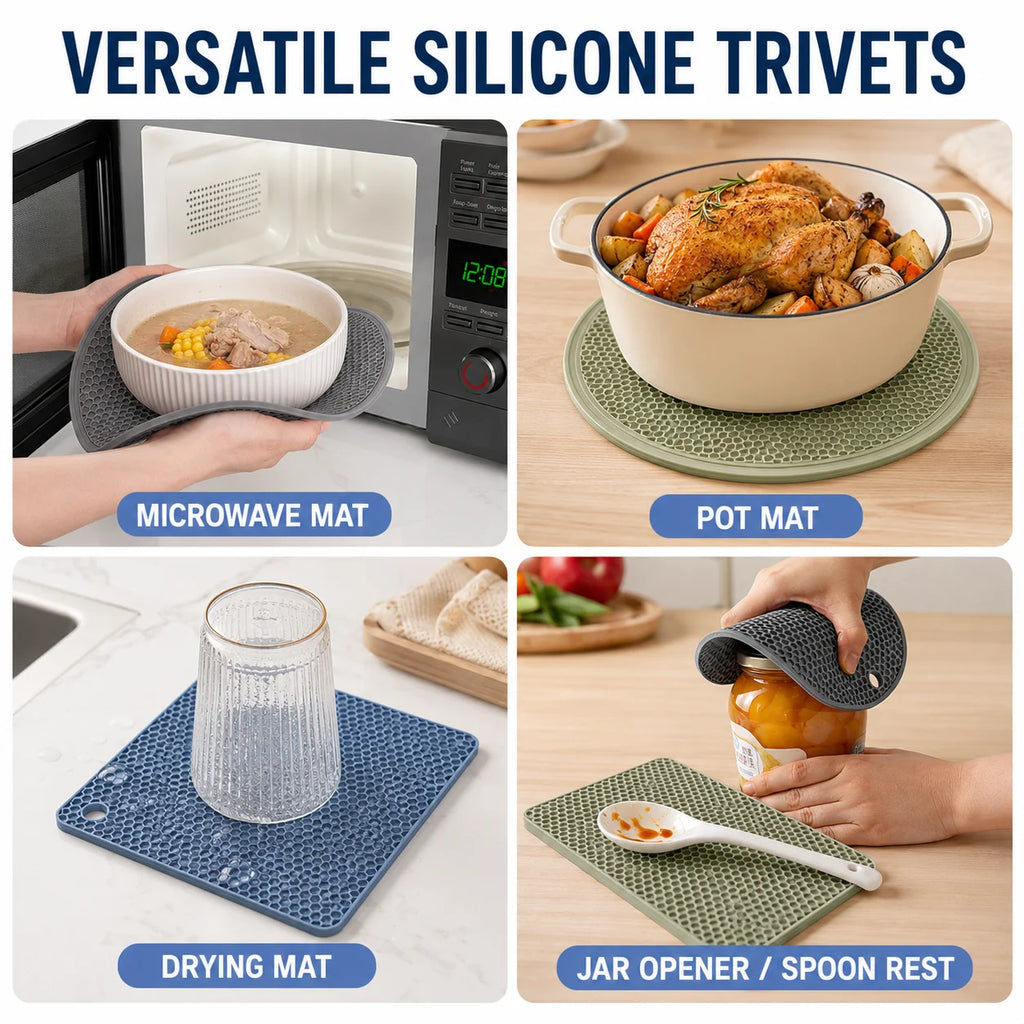 3-Piece Silicone Trivet Mat Set – Honeycomb Hot Pads & Jar Opener Silicone Trivet Set Axl