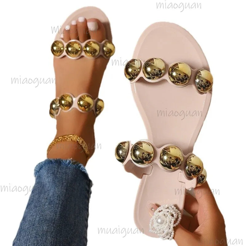 Women's Flat Slide Sandals – Metal Rivet Non-Slip Beach Slippers Flat Slide Sandals Axl