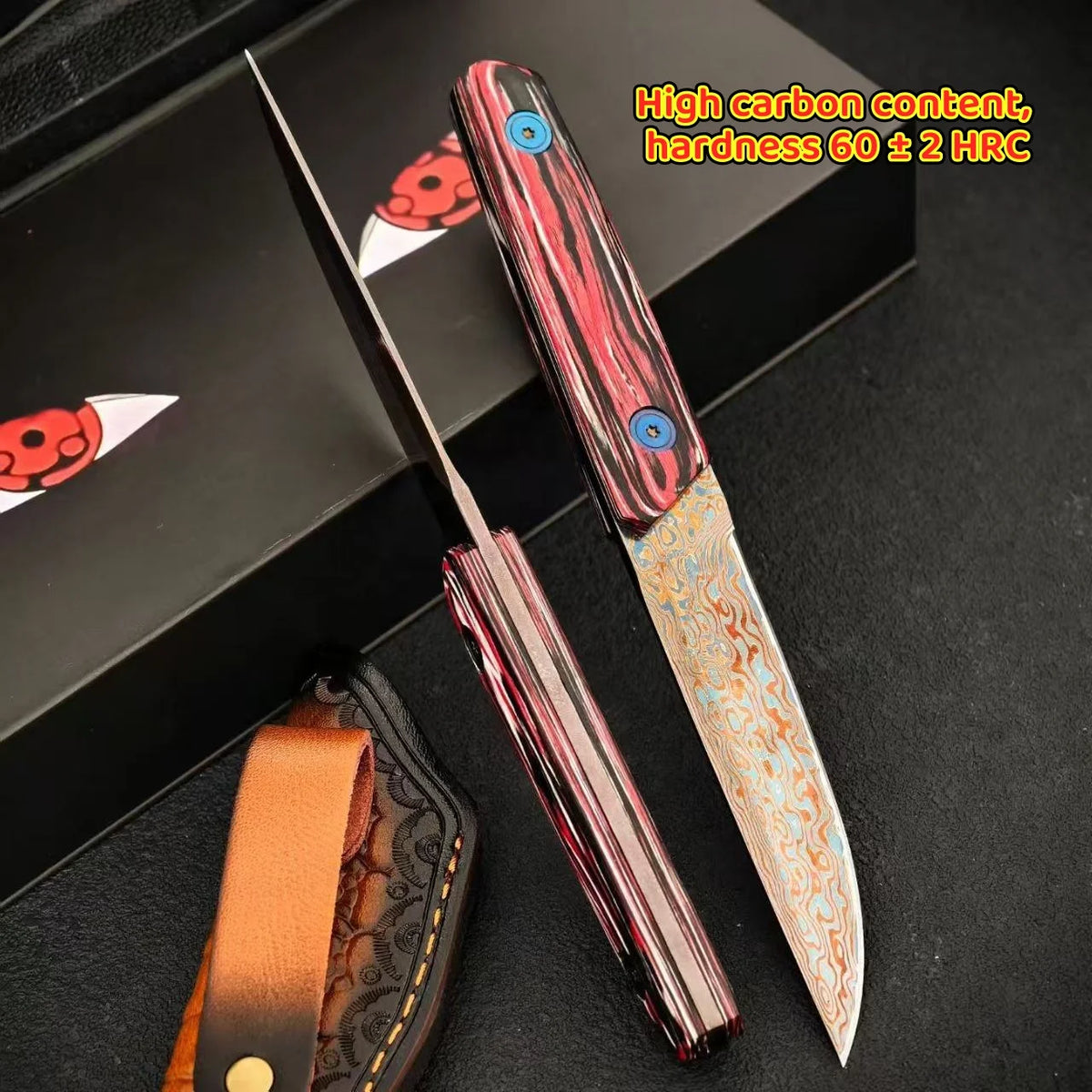 Damascus Steel Utility Knife – Colored Wood Handle & Sharp Blade Damascus Kitchen Knife Axl