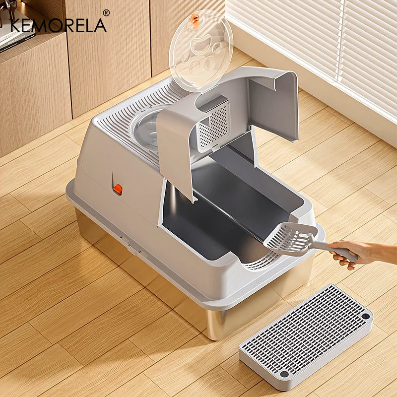 KEMORELA Stainless Steel Cat Litter Box with Lid & Scoop Cat Litter Box Axl