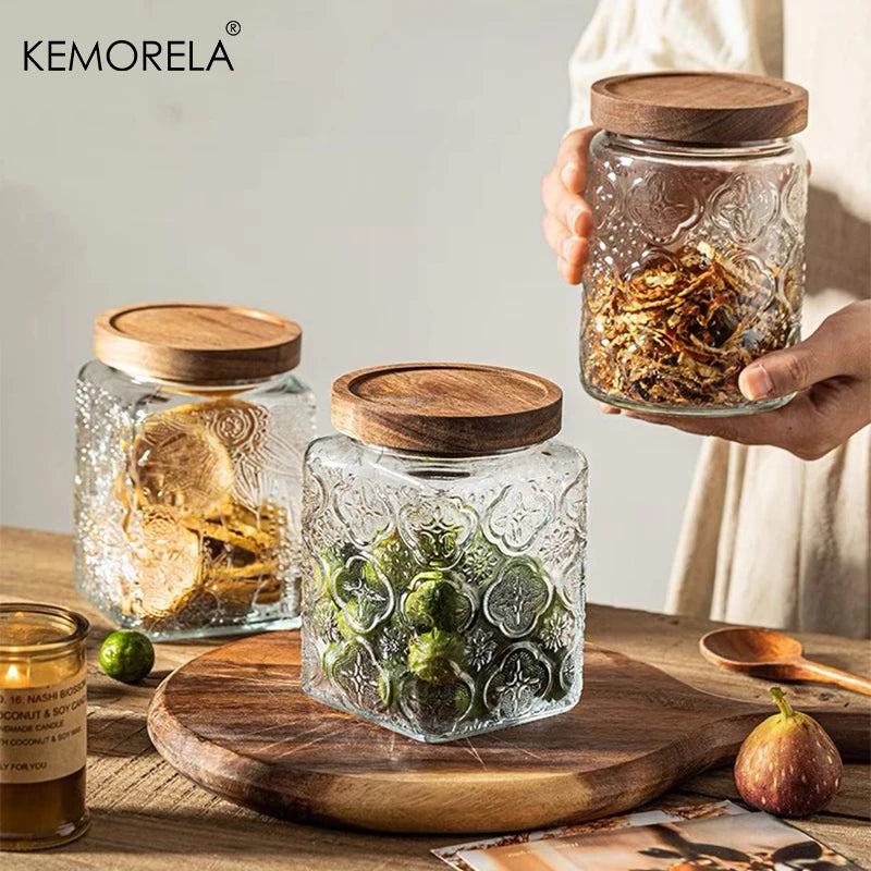 KEMORELA Vintage Glass Canister – Airtight Wooden Lid Storage Jar Glass Storage Canister Axl