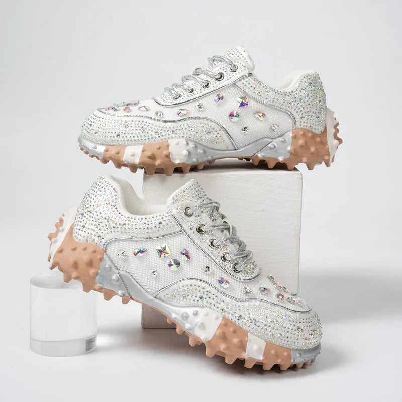 Women's Rhinestone Platform Sneakers – Shiny Lace-Up Shoes Platform Sneakers Axl Silver 40