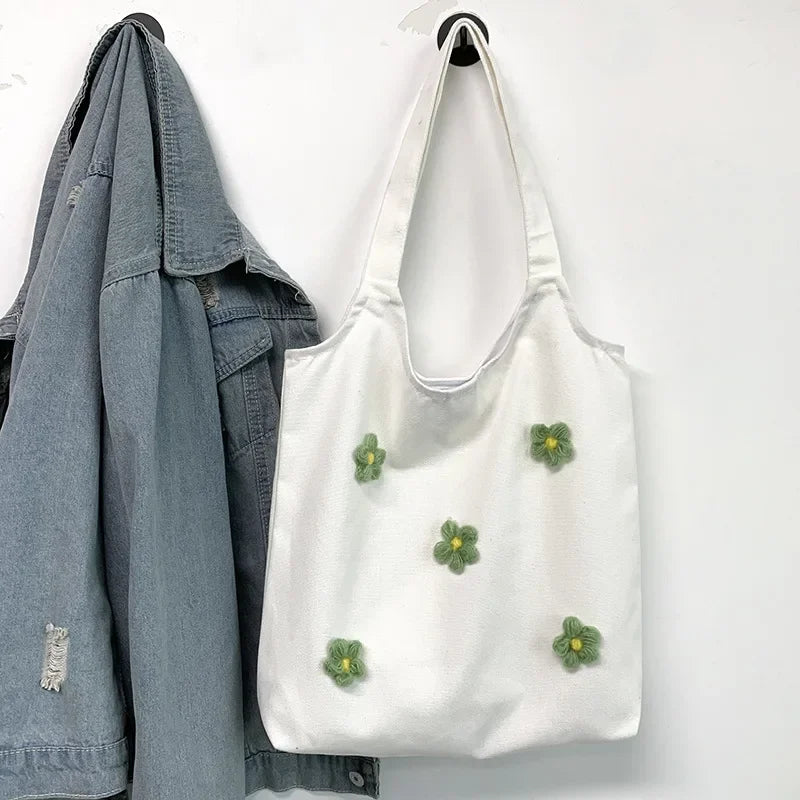 Floral Canvas Tote Bag – Minimalist Shoulder Bag for Women Canvas Tote Bag Axl white