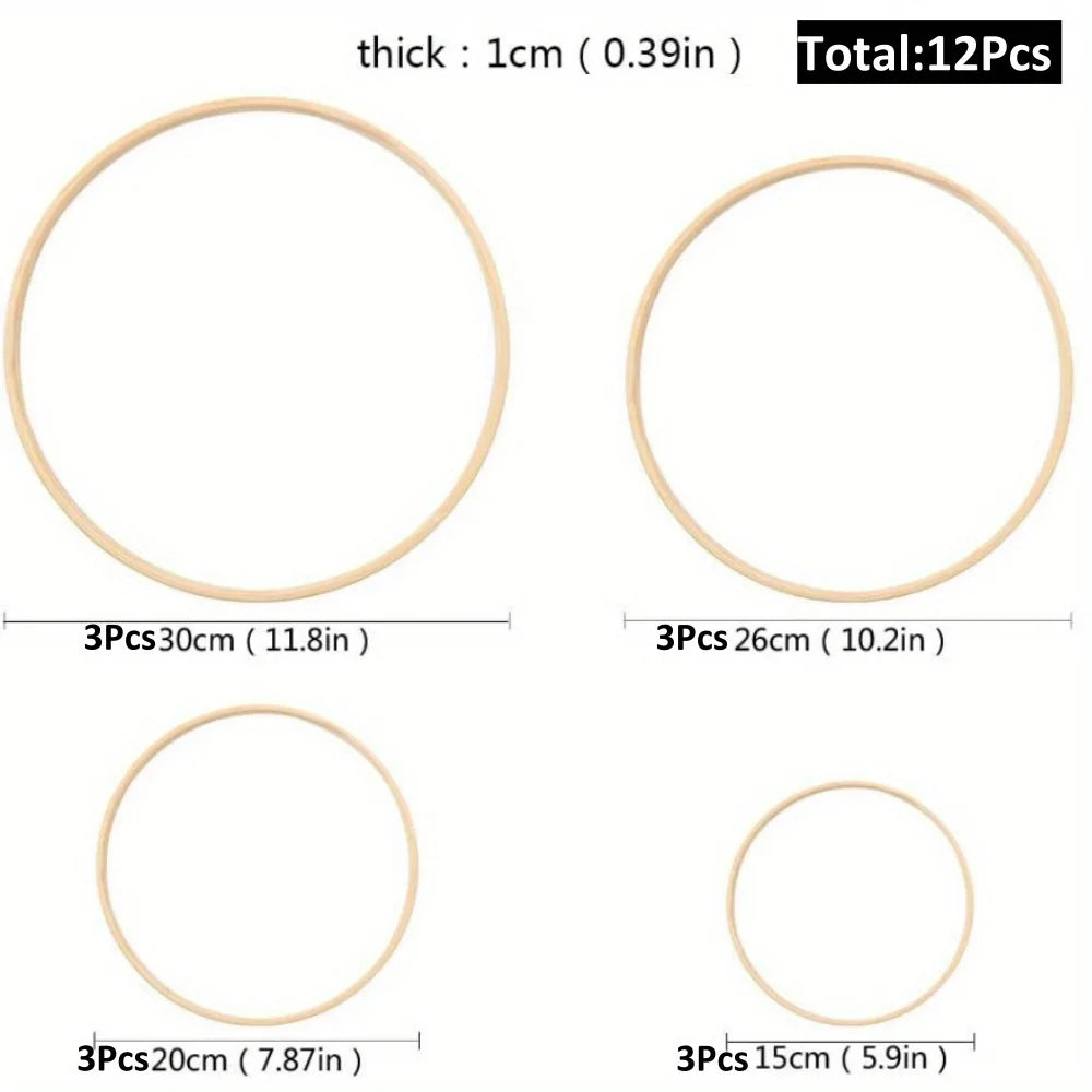 Bamboo Wreath Rings 12-Pack | 4 Sizes DIY Macrame Hoops Craft Hoop Rings Axl Three each