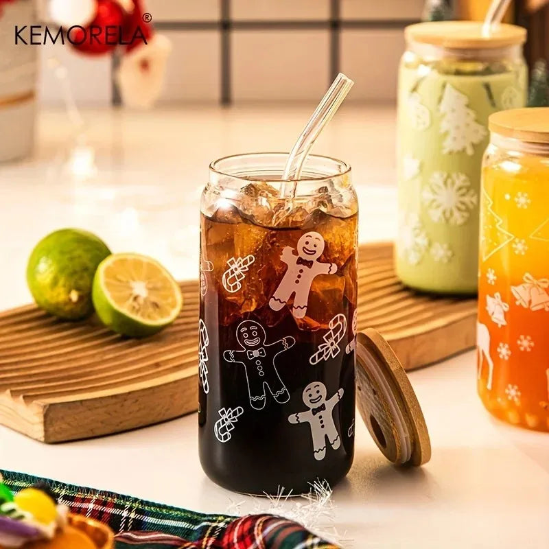 Christmas Glass Tumbler 480ml – Xmas Tree & Elk Cup, Lid & Straw Glass Tumbler Set Axl